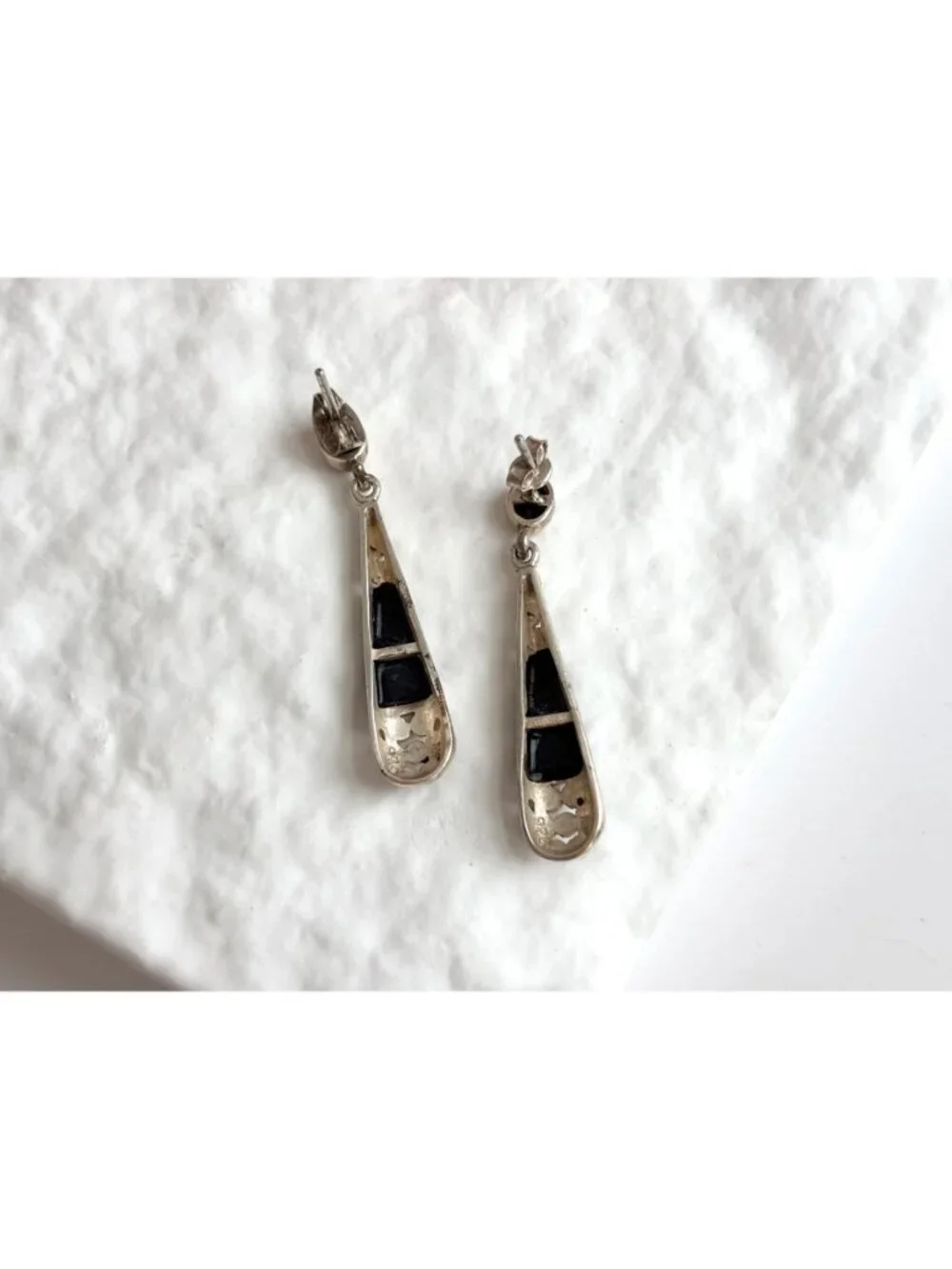Art Deco Black Onyx & marcasite Teardrop Vintage Sterling Silver 925 Earrings